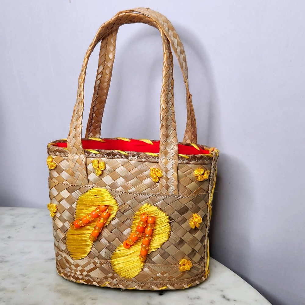 Woven Straw Raffia Mini Purse Flip Flop Yellow Summer Beach Style Bag Vtg Straw